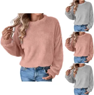 Fleece Sweatshirt For Women Soft Warm Casual Crewneck Long Sleeve Fuzzy Pullover Winter Comfy Solid Color Sherpa Tops