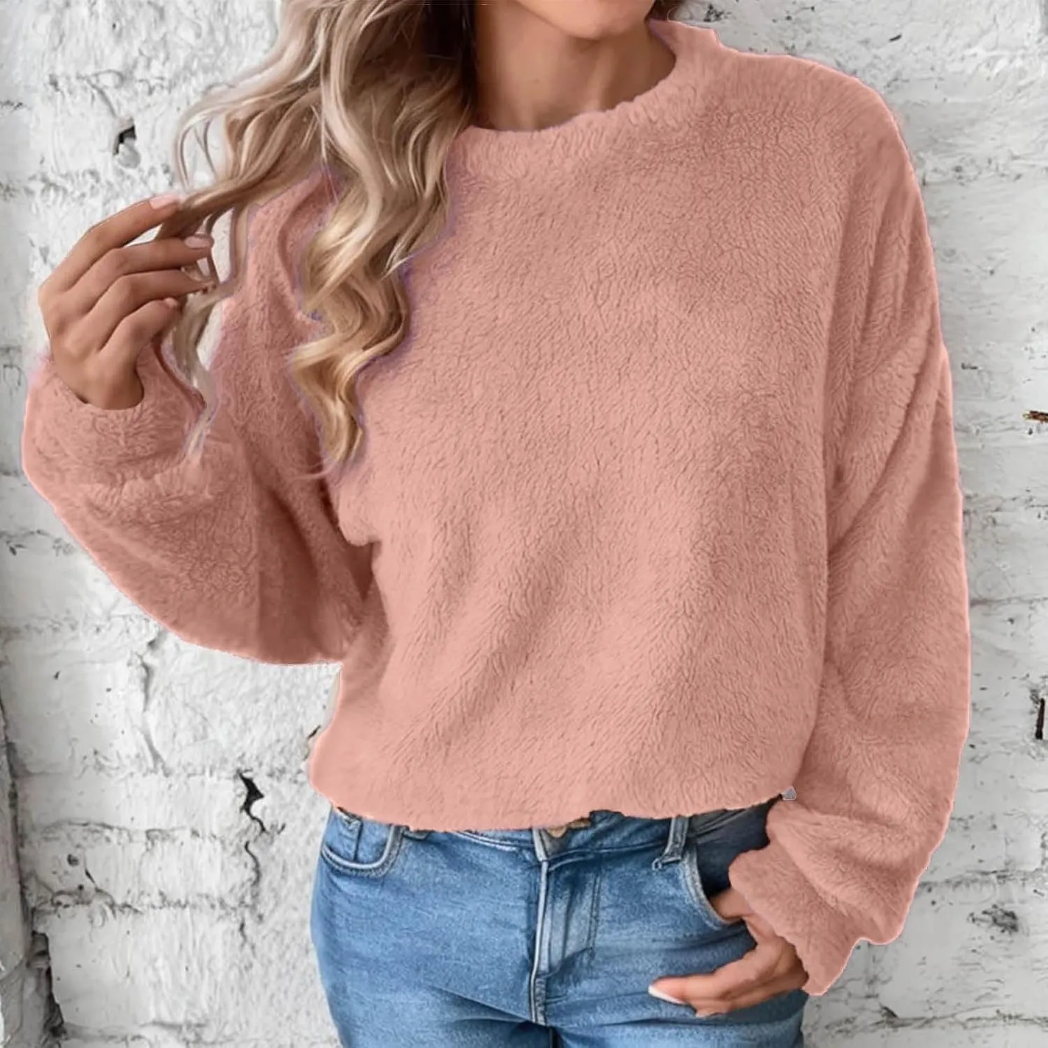 Fleece Sweatshirt For Women Soft Warm Casual Crewneck Long Sleeve Fuzzy Pullover Winter Comfy Solid Color Sherpa Tops