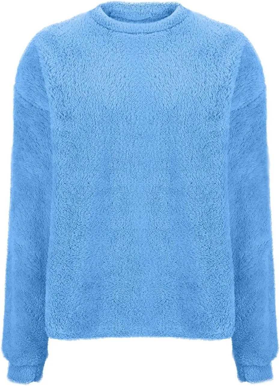 Fleece Sweatshirt For Women Soft Warm Casual Crewneck Long Sleeve Fuzzy Pullover Winter Comfy Solid Color Sherpa Tops