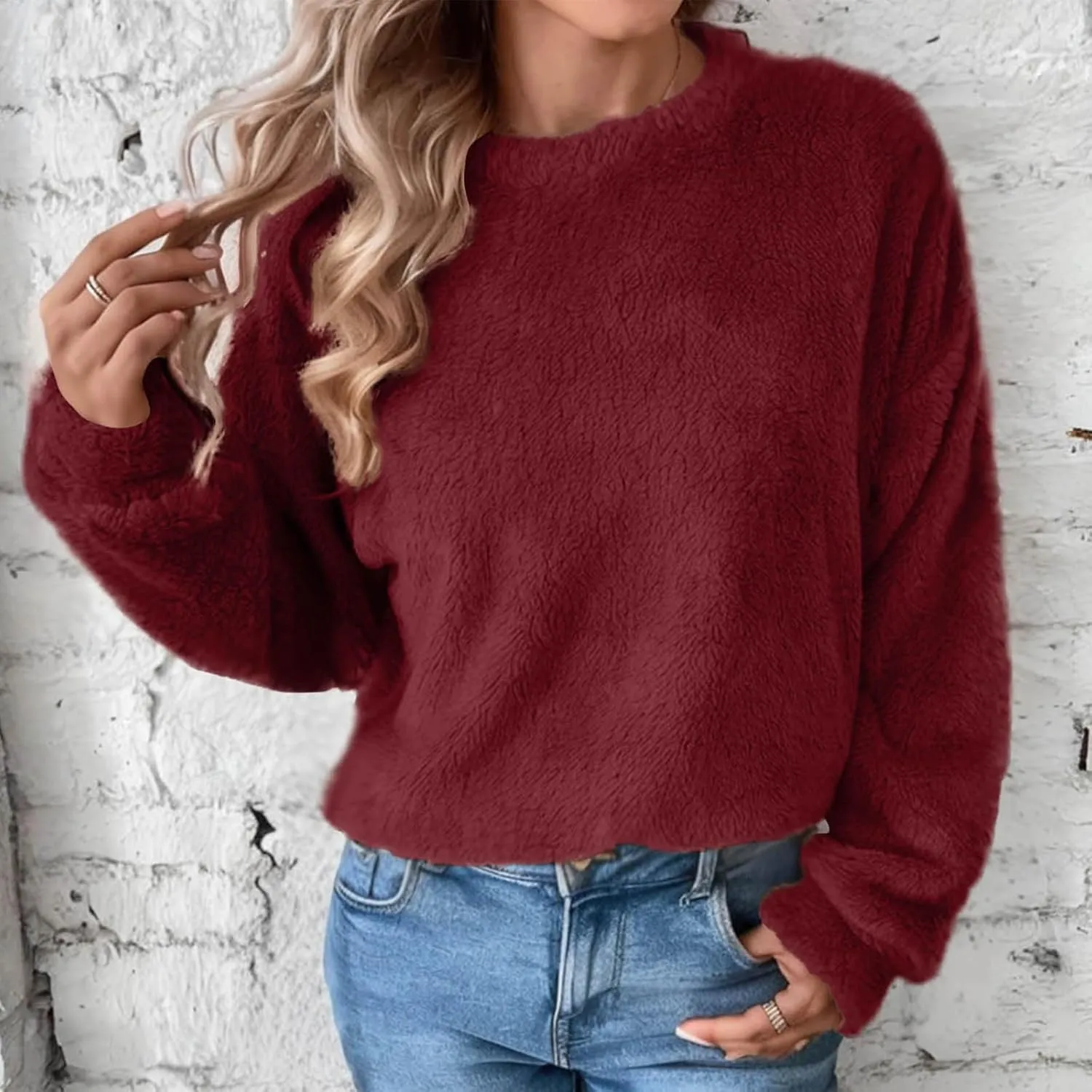 Fleece Sweatshirt For Women Soft Warm Casual Crewneck Long Sleeve Fuzzy Pullover Winter Comfy Solid Color Sherpa Tops