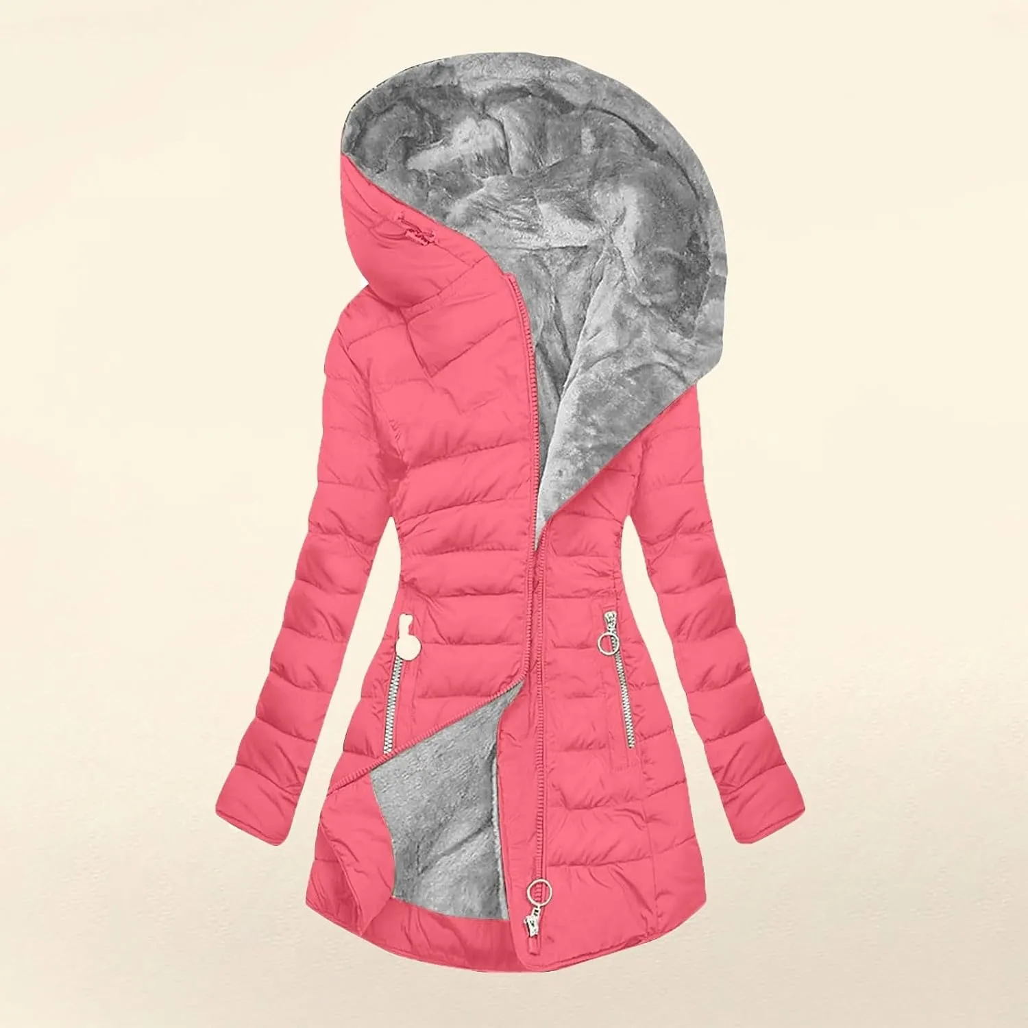 Fuzzy Fleece Jacket for Women with Zipper Pockets Long Sleeve Solid Color Hooded Jackets Open Front Full Zip Up Coat