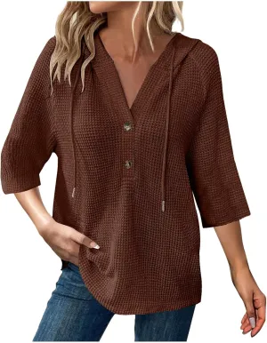 GOFULY Shirts For Women Trendy 3/4 Sleeve Button Summer Waffle Hoodie Henley V Neck Blouses Casual Solid Elbow Sleeve Tops