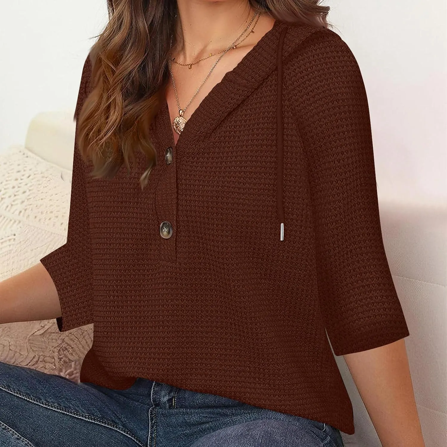 GOFULY Shirts For Women Trendy 3/4 Sleeve Button Summer Waffle Hoodie Henley V Neck Blouses Casual Solid Elbow Sleeve Tops