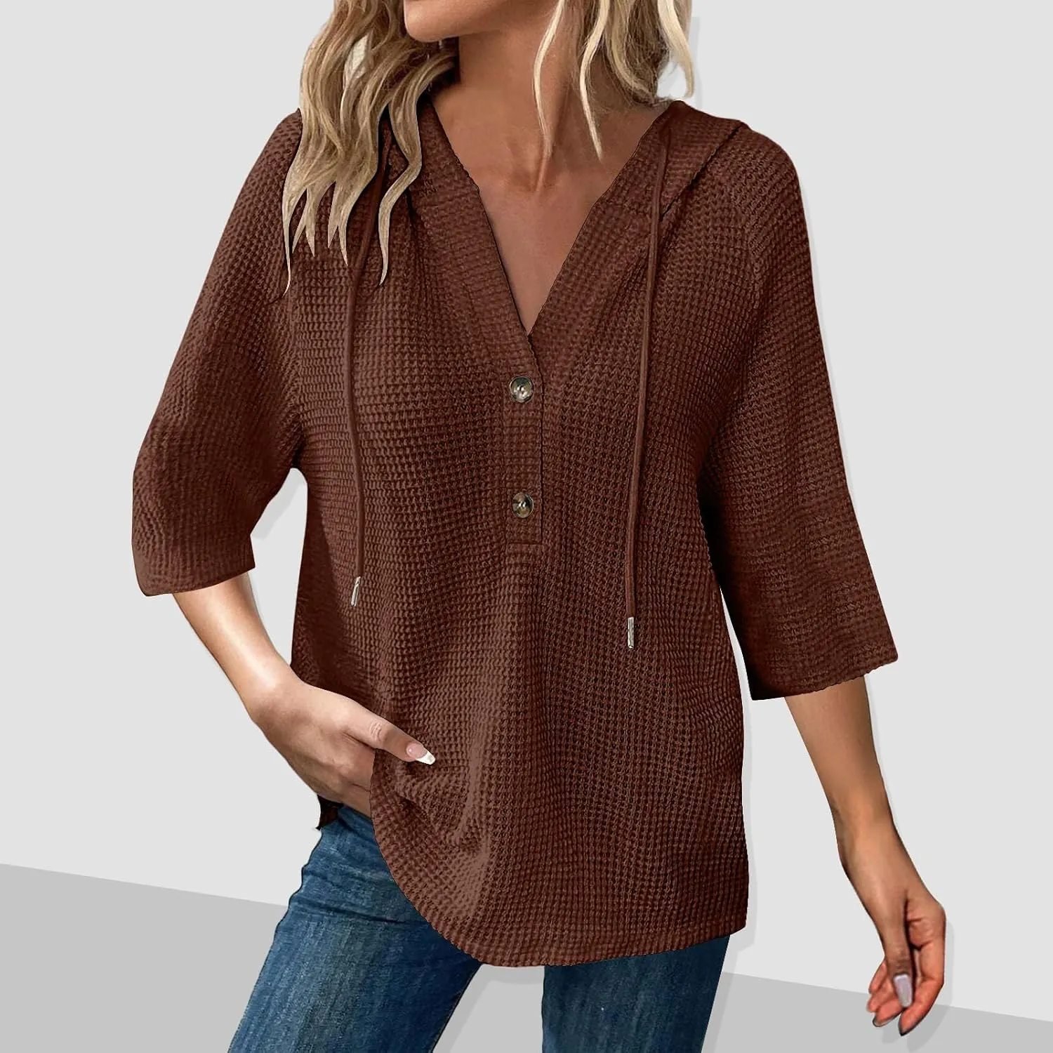 GOFULY Shirts For Women Trendy 3/4 Sleeve Button Summer Waffle Hoodie Henley V Neck Blouses Casual Solid Elbow Sleeve Tops