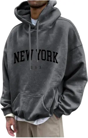Graphic Hoodies for Men Letter Print Hoodies New York Country Sweatshirt Solid Long Sleeve Y2K Hoodie