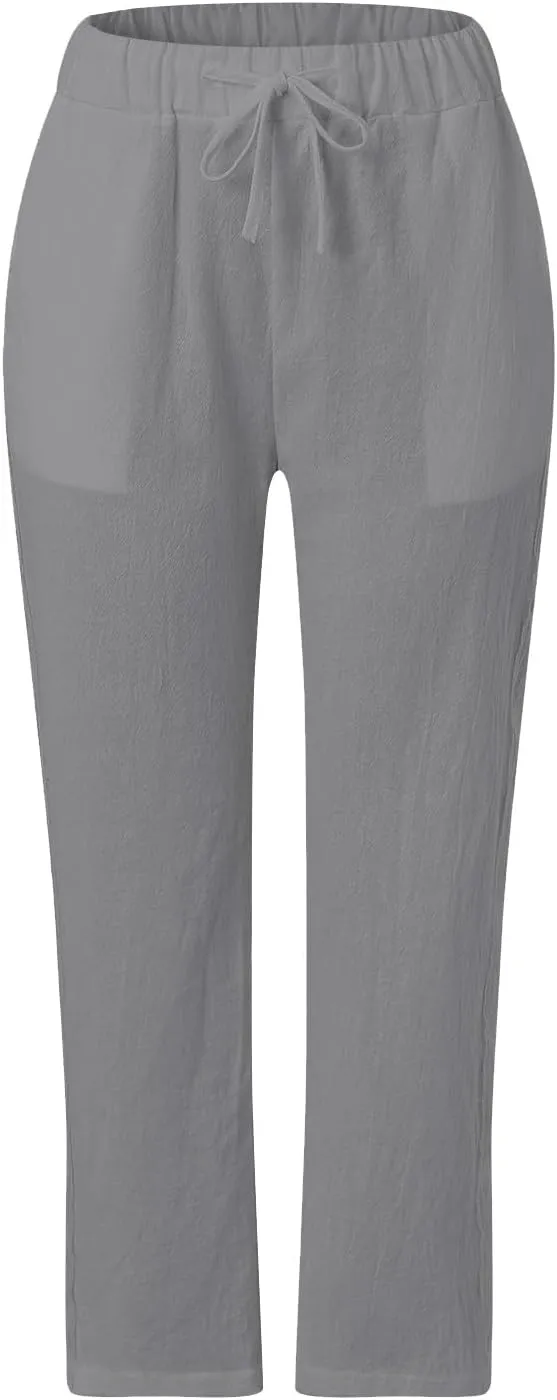 High Waisted Womens Linen Pants Summer High Waisted Wide Leg Casual Loose Palazzo Pants Lounge Beach Trousers with Pockets