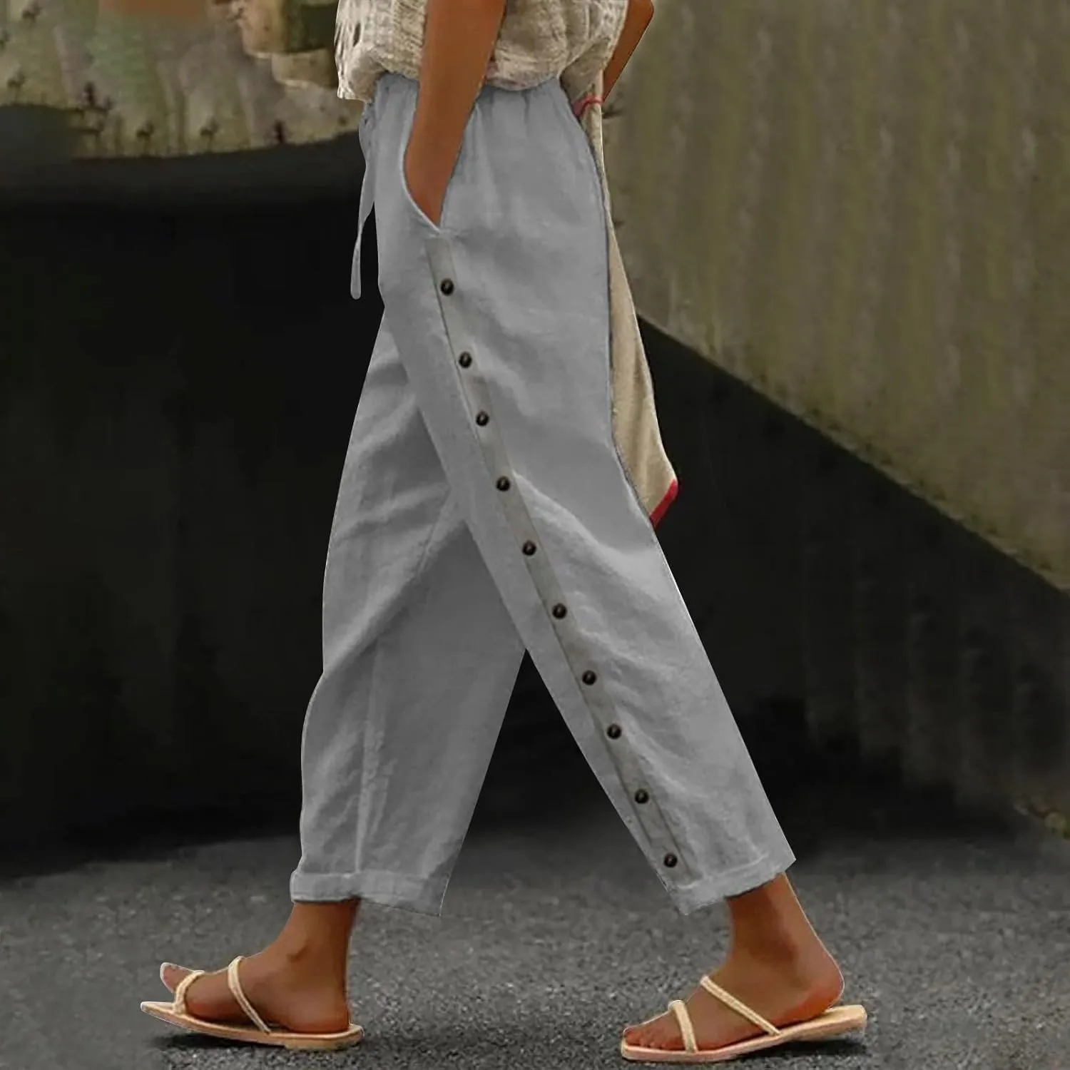 High Waisted Womens Linen Pants Summer High Waisted Wide Leg Casual Loose Palazzo Pants Lounge Beach Trousers with Pockets