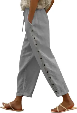 High Waisted Womens Linen Pants Summer High Waisted Wide Leg Casual Loose Palazzo Pants Lounge Beach Trousers with Pockets