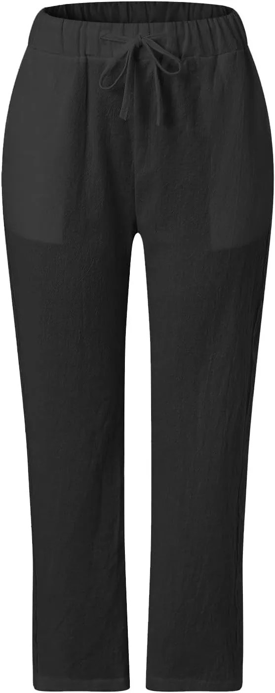 High Waisted Womens Linen Pants Summer High Waisted Wide Leg Casual Loose Palazzo Pants Lounge Beach Trousers with Pockets