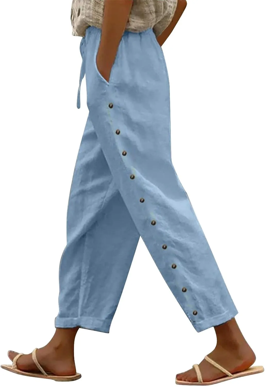 High Waisted Womens Linen Pants Summer High Waisted Wide Leg Casual Loose Palazzo Pants Lounge Beach Trousers with Pockets