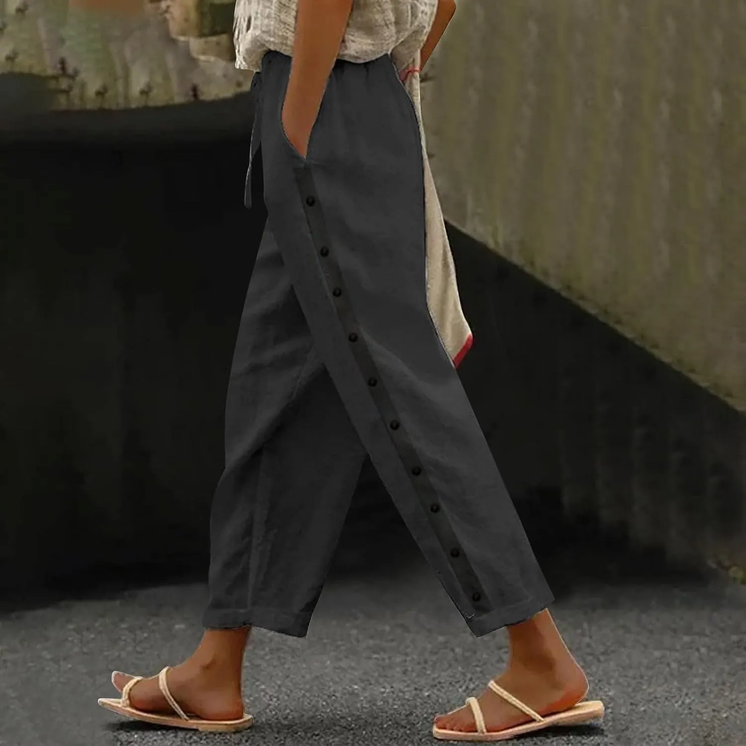 High Waisted Womens Linen Pants Summer High Waisted Wide Leg Casual Loose Palazzo Pants Lounge Beach Trousers with Pockets
