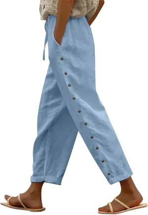 High Waisted Womens Linen Pants Summer High Waisted Wide Leg Casual Loose Palazzo Pants Lounge Beach Trousers with Pockets