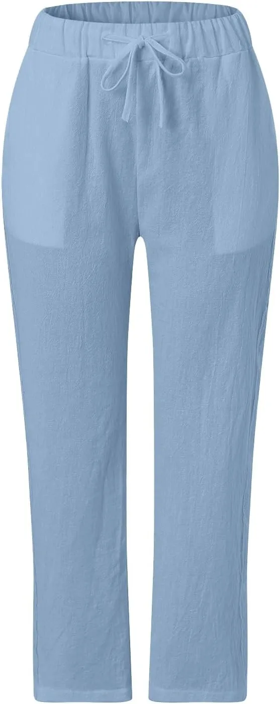 High Waisted Womens Linen Pants Summer High Waisted Wide Leg Casual Loose Palazzo Pants Lounge Beach Trousers with Pockets