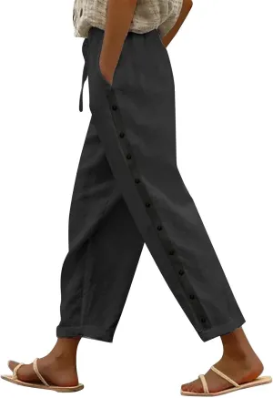 High Waisted Womens Linen Pants Summer High Waisted Wide Leg Casual Loose Palazzo Pants Lounge Beach Trousers with Pockets