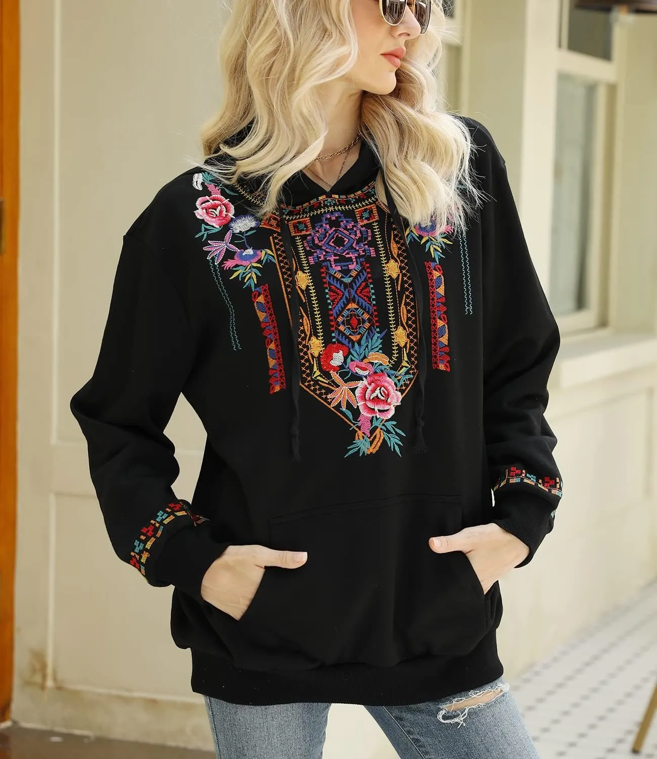 Higustar Embroided Hoodies for Women Mexican Cotton Sweatshirts Bohemian Casul Long Sleeve Fall With Pockets Hoodie