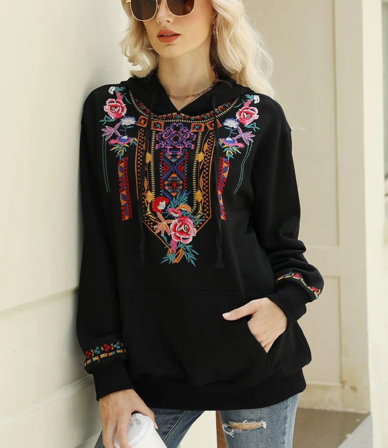 Higustar Embroided Hoodies for Women Mexican Cotton Sweatshirts Bohemian Casul Long Sleeve Fall With Pockets Hoodie
