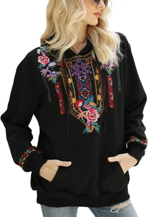 Higustar Embroided Hoodies for Women Mexican Cotton Sweatshirts Bohemian Casul Long Sleeve Fall With Pockets Hoodie