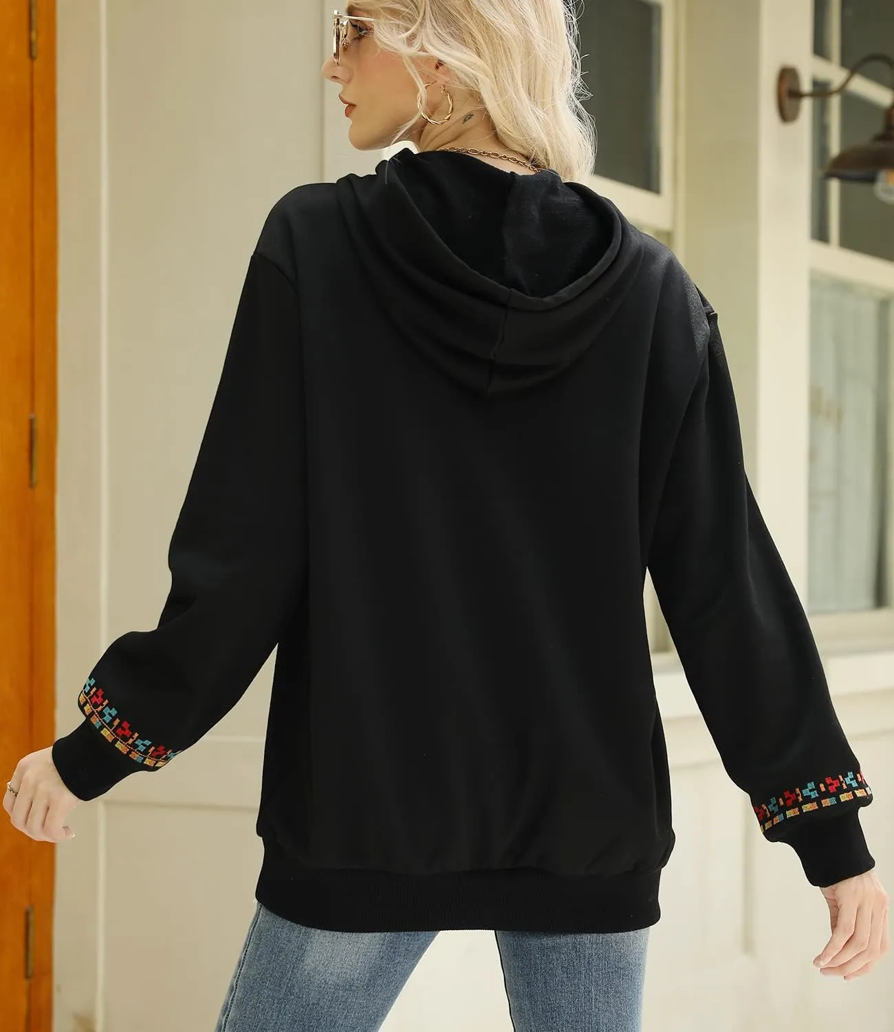 Higustar Embroided Hoodies for Women Mexican Cotton Sweatshirts Bohemian Casul Long Sleeve Fall With Pockets Hoodie