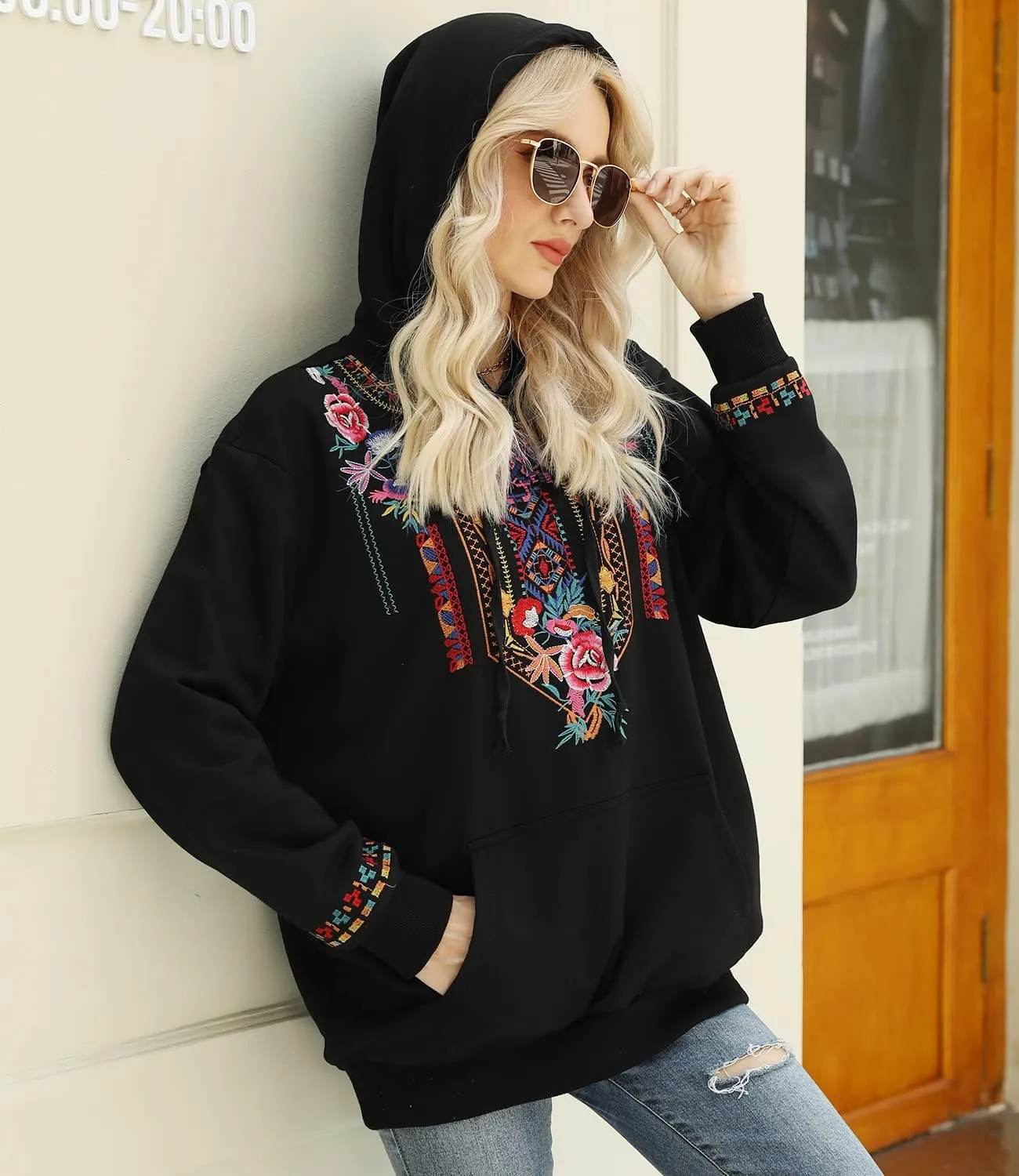 Higustar Embroided Hoodies for Women Mexican Cotton Sweatshirts Bohemian Casul Long Sleeve Fall With Pockets Hoodie