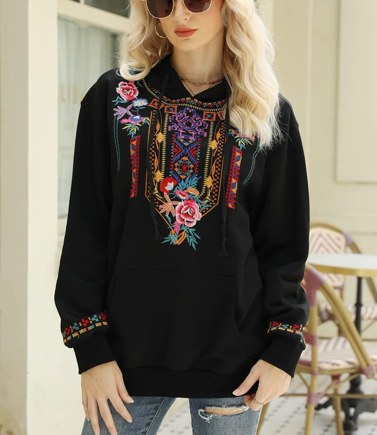 Higustar Embroided Hoodies for Women Mexican Cotton Sweatshirts Bohemian Casul Long Sleeve Fall With Pockets Hoodie