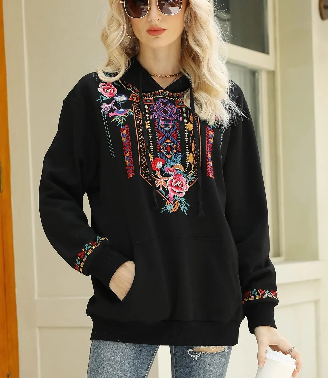 Higustar Embroided Hoodies for Women Mexican Cotton Sweatshirts Bohemian Casul Long Sleeve Fall With Pockets Hoodie
