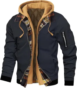 Hooded Jackets for Men Casual Thicken Bomber Jacket Quilted Lined Long Sleeve Plaid Color Block Zip Up Hoodies Coat