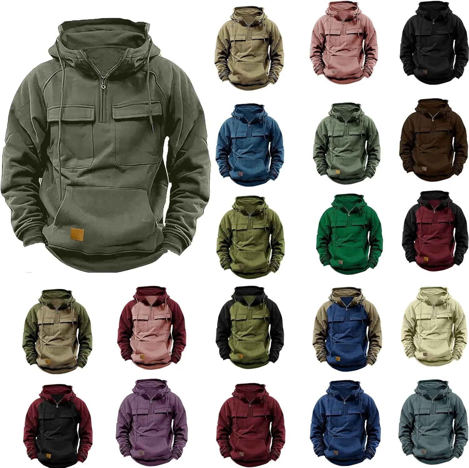 Hoodies For Men Quarter Zip Tactical Sweatshirts Fall Winter Casual Long Sleeve Workout Pullover Outdoor Cargo Jackets