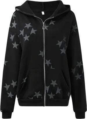 Hoodies For Women Star Print Trendy Zip Up Jackets Long Sleeve Vintage Sweatshirts Teen Girls Fall Outfit, Large