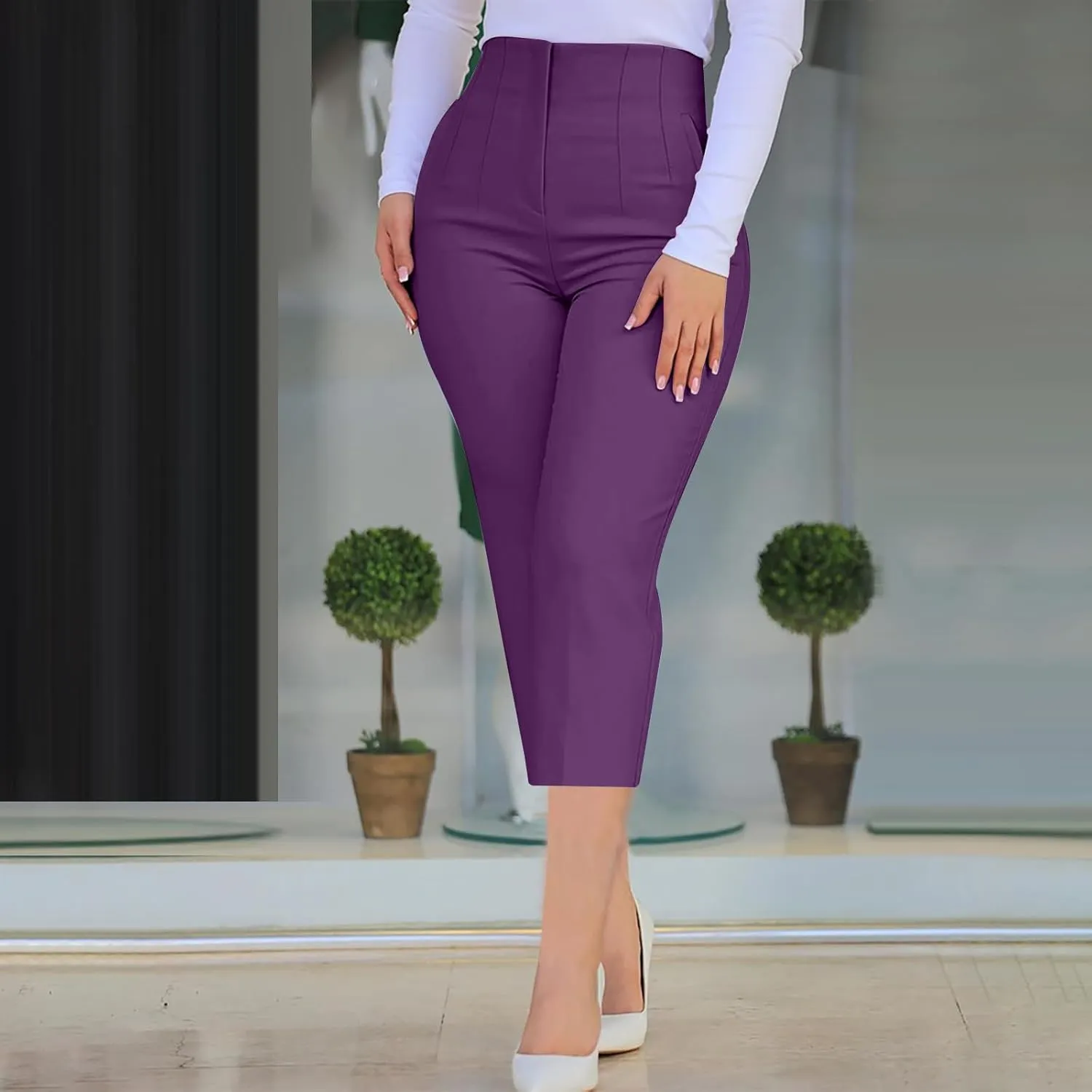 Hvyesh Womens Business Casual Capri Pants Summer Trendy 2025 Pleated High Waisted Capris for Women Wide Leg