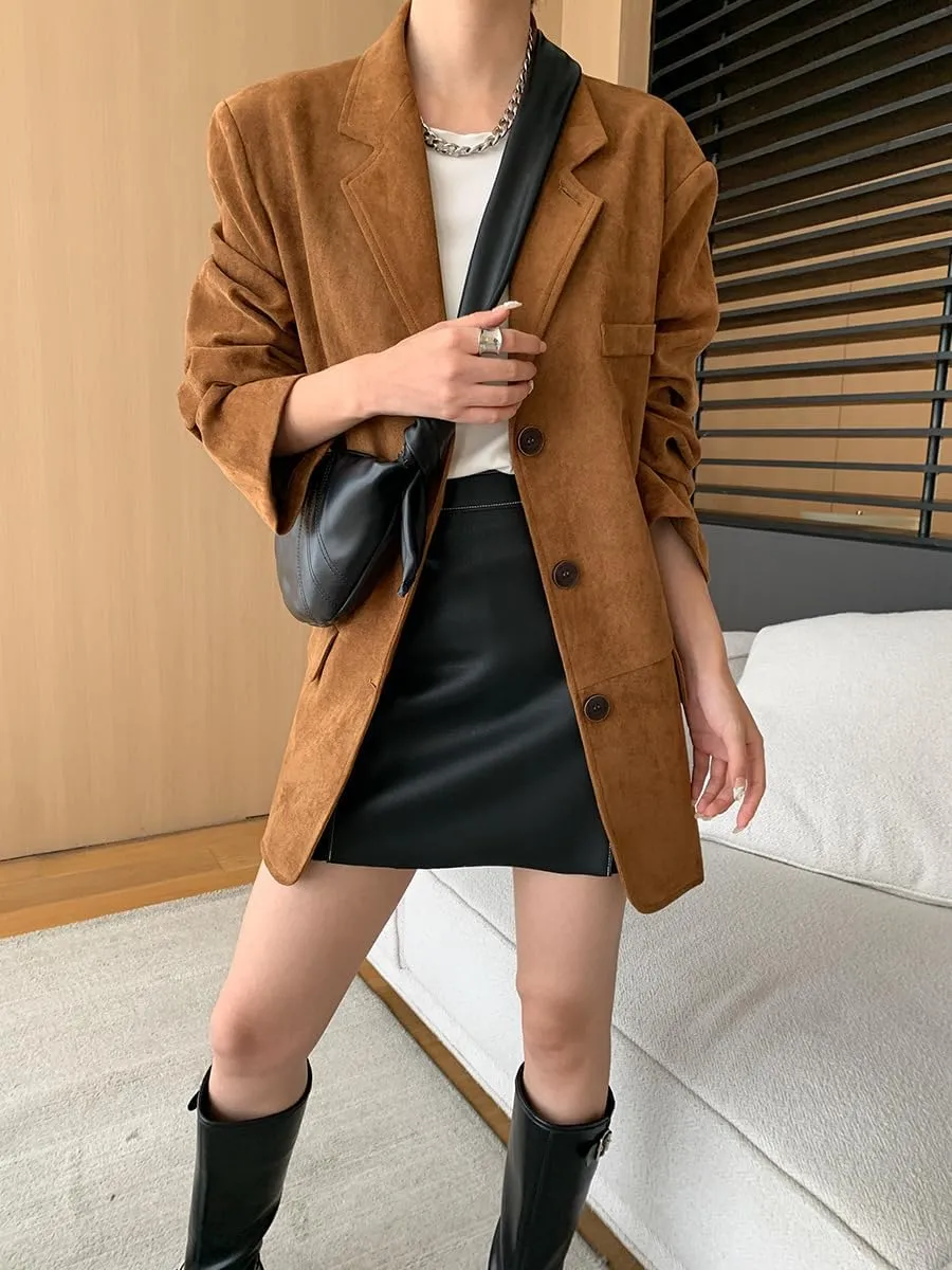 IDEALSANXUN Suede Blazers for Women 2024 Fall Winter Oversized Y2K Faux Leather Jacket Trench Coat