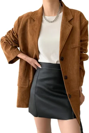 IDEALSANXUN Suede Blazers for Women 2024 Fall Winter Oversized Y2K Faux Leather Jacket Trench Coat