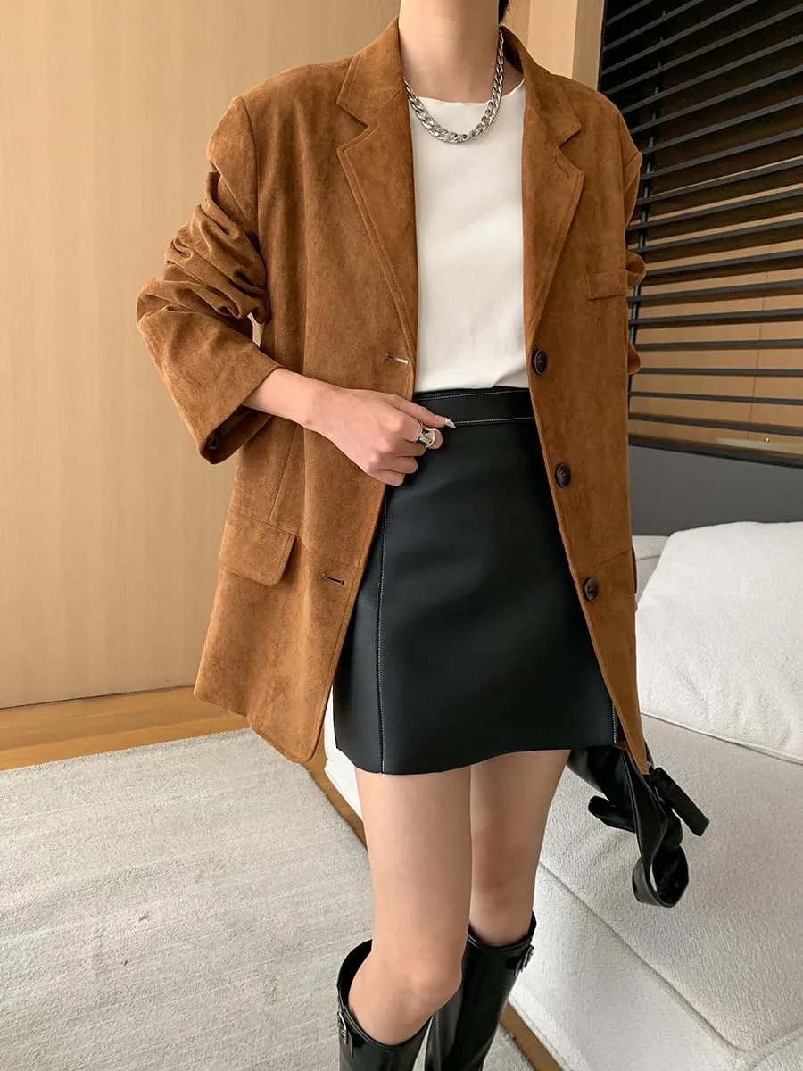 IDEALSANXUN Suede Blazers for Women 2024 Fall Winter Oversized Y2K Faux Leather Jacket Trench Coat