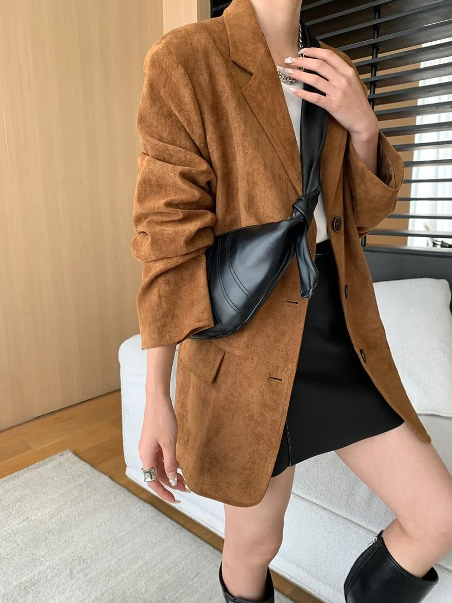 IDEALSANXUN Suede Blazers for Women 2024 Fall Winter Oversized Y2K Faux Leather Jacket Trench Coat