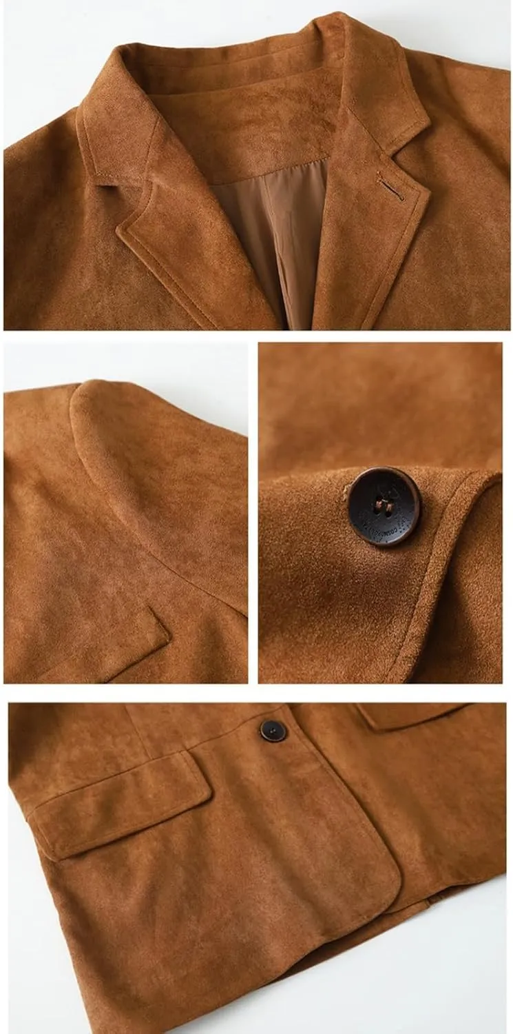 IDEALSANXUN Suede Blazers for Women 2024 Fall Winter Oversized Y2K Faux Leather Jacket Trench Coat