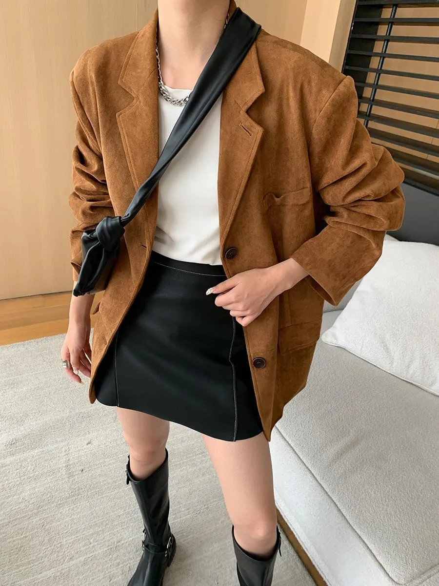 IDEALSANXUN Suede Blazers for Women 2024 Fall Winter Oversized Y2K Faux Leather Jacket Trench Coat