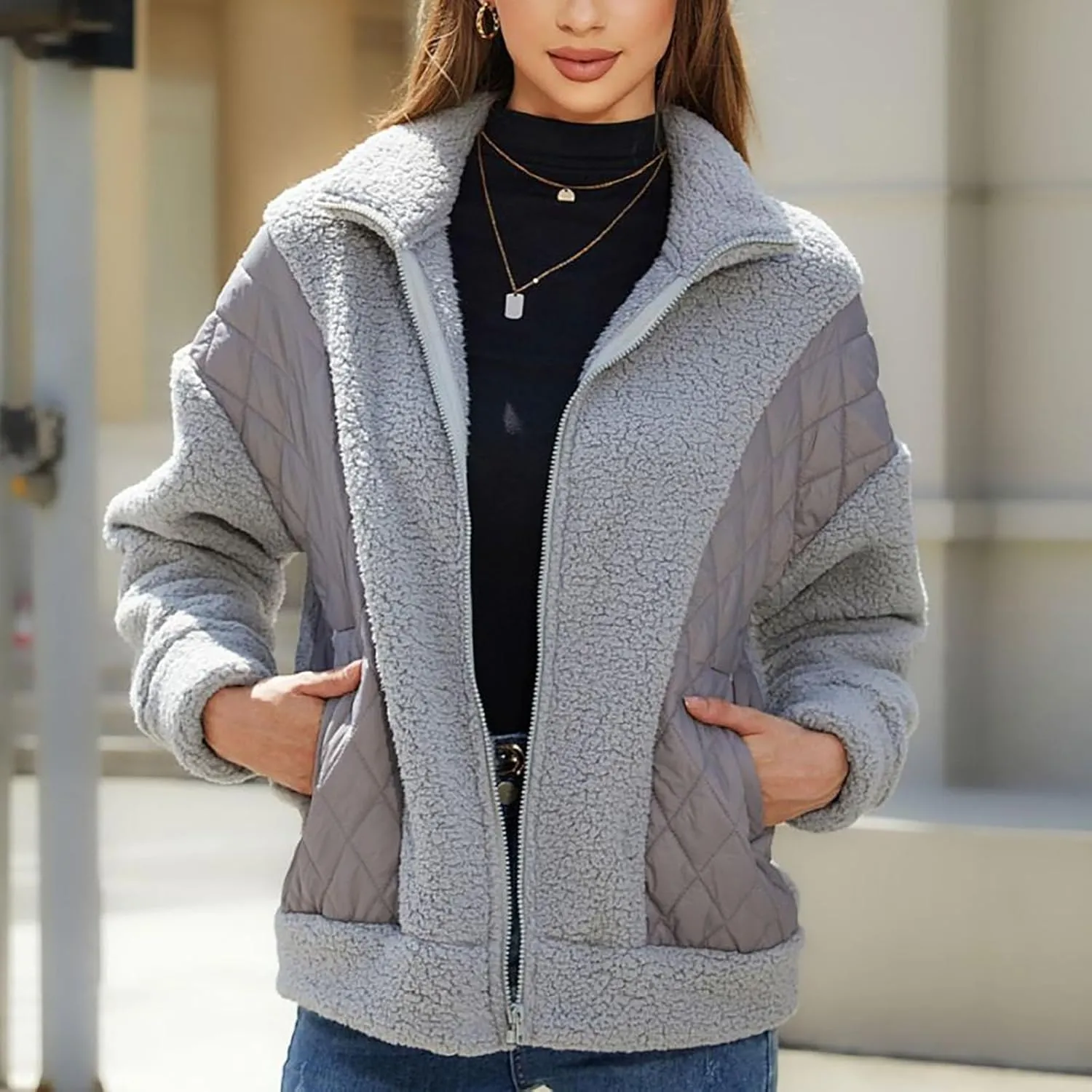 Jackets for Women Full Zip Fuzzy Fleece Sherpa Lined Cardignas Jacket Plus Size Open Front Winter Coats with Pockets