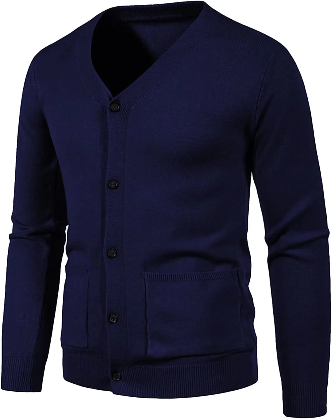 JEShifangjiusu Mens Casual Stand Collar Cardigan Button Down Cable Knitted Sweater Ribbed Knitted Sweater with Pockets, Dark Blue, Large