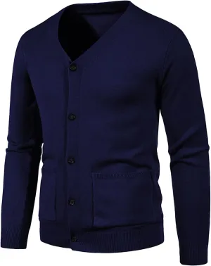 JEShifangjiusu Mens Casual Stand Collar Cardigan Button Down Cable Knitted Sweater Ribbed Knitted Sweater with Pockets, Dark Blue, Large