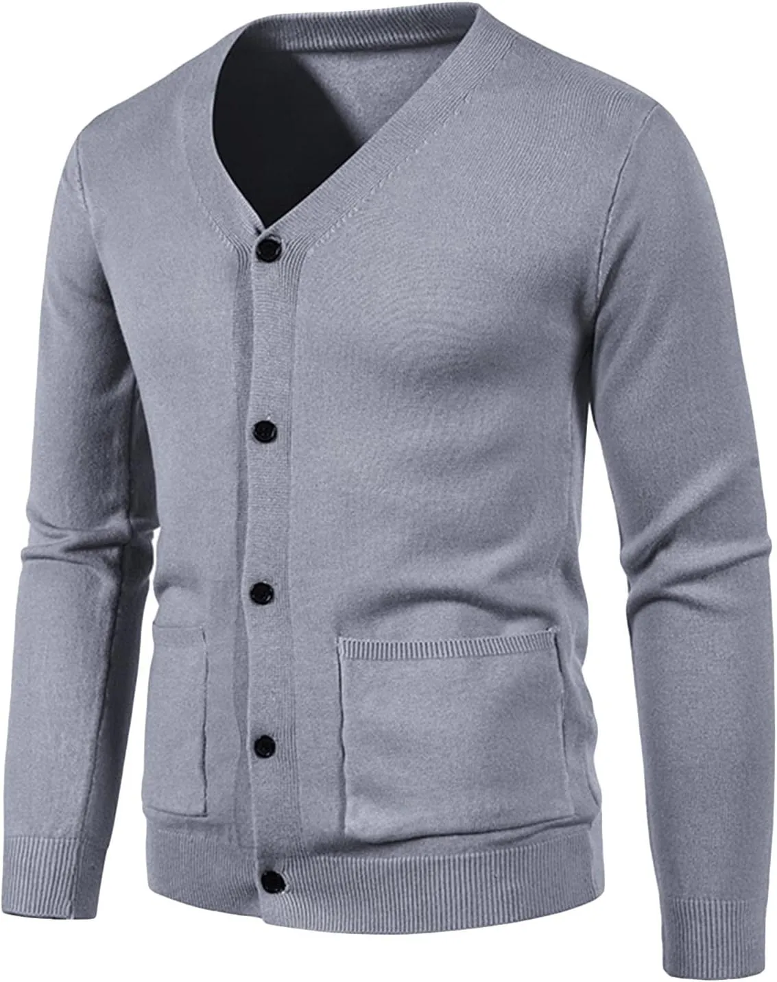 JEShifangjiusu Mens Casual Stand Collar Cardigan Button Down Cable Knitted Sweater Ribbed Knitted Sweater with Pockets, Grey, Large