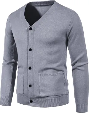 JEShifangjiusu Mens Casual Stand Collar Cardigan Button Down Cable Knitted Sweater Ribbed Knitted Sweater with Pockets, Grey, Large