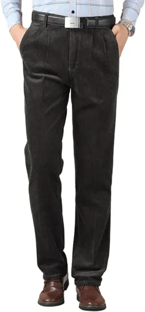 Kinghua Men's Pleated Front Corduroy Pants Casual Relaxed Fit Straight Leg Corduroy Pant