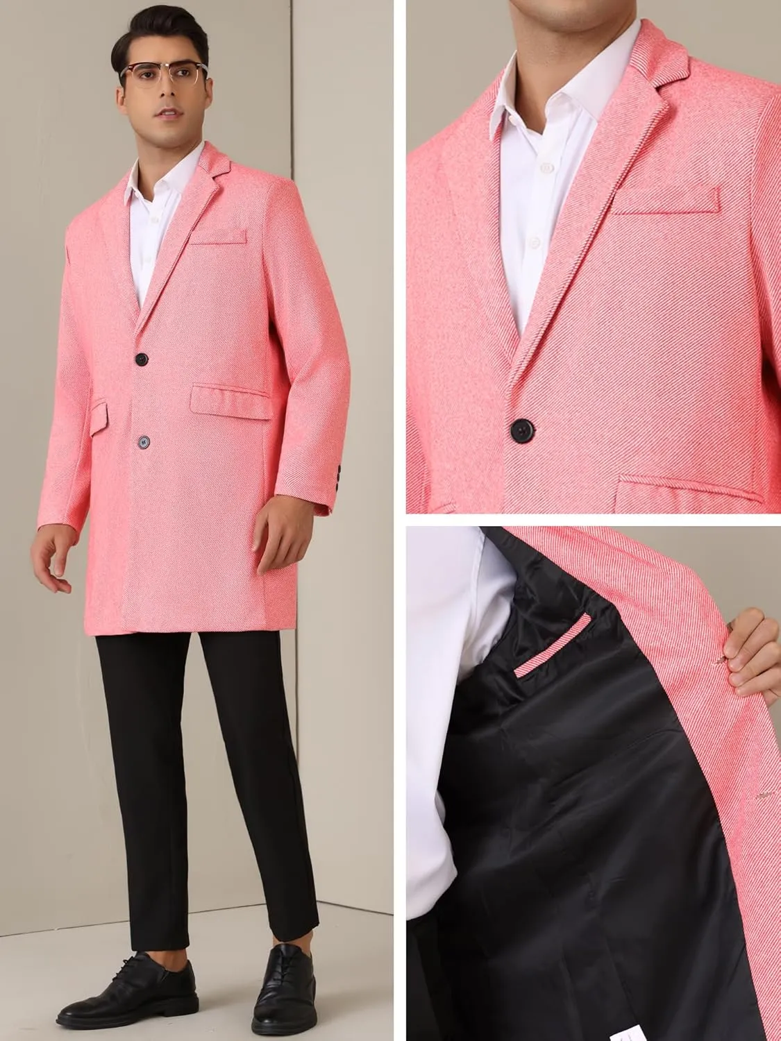 Lars Amadeus Herringbone Overcoats for Men's Classic Fit Single Breasted Winter Trench Coat