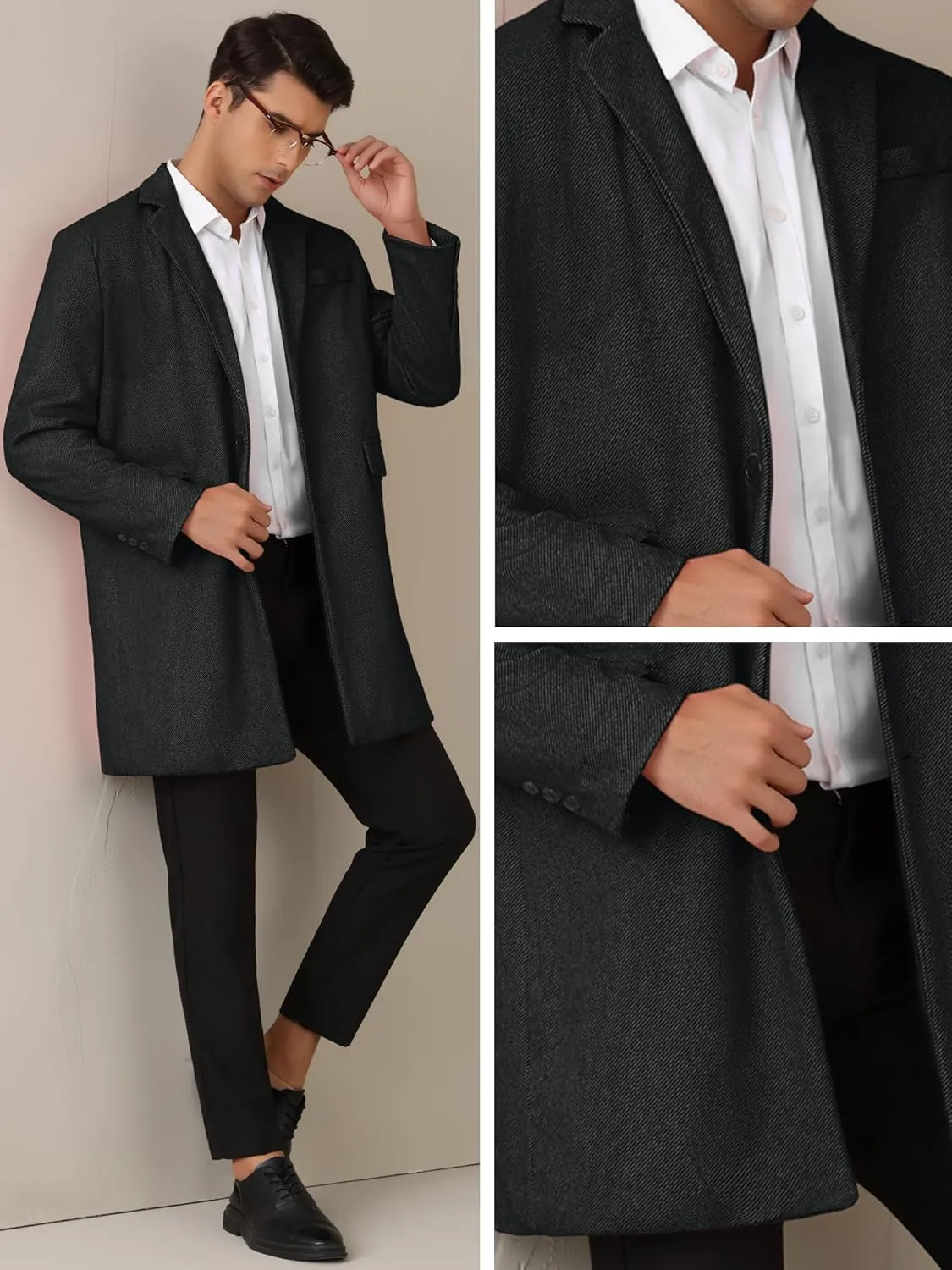 Lars Amadeus Herringbone Overcoats for Men's Classic Fit Single Breasted Winter Trench Coat