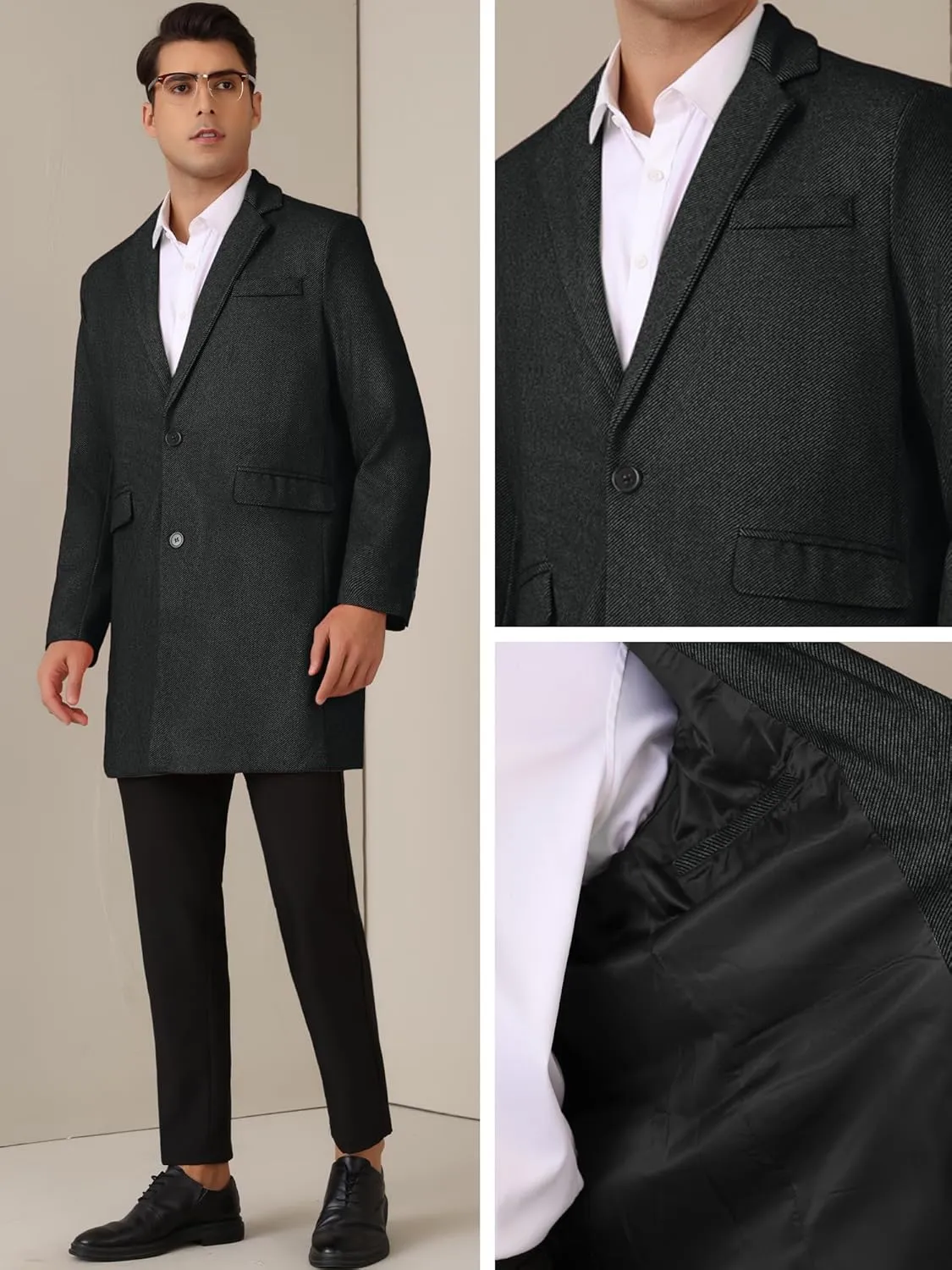 Lars Amadeus Herringbone Overcoats for Men's Classic Fit Single Breasted Winter Trench Coat