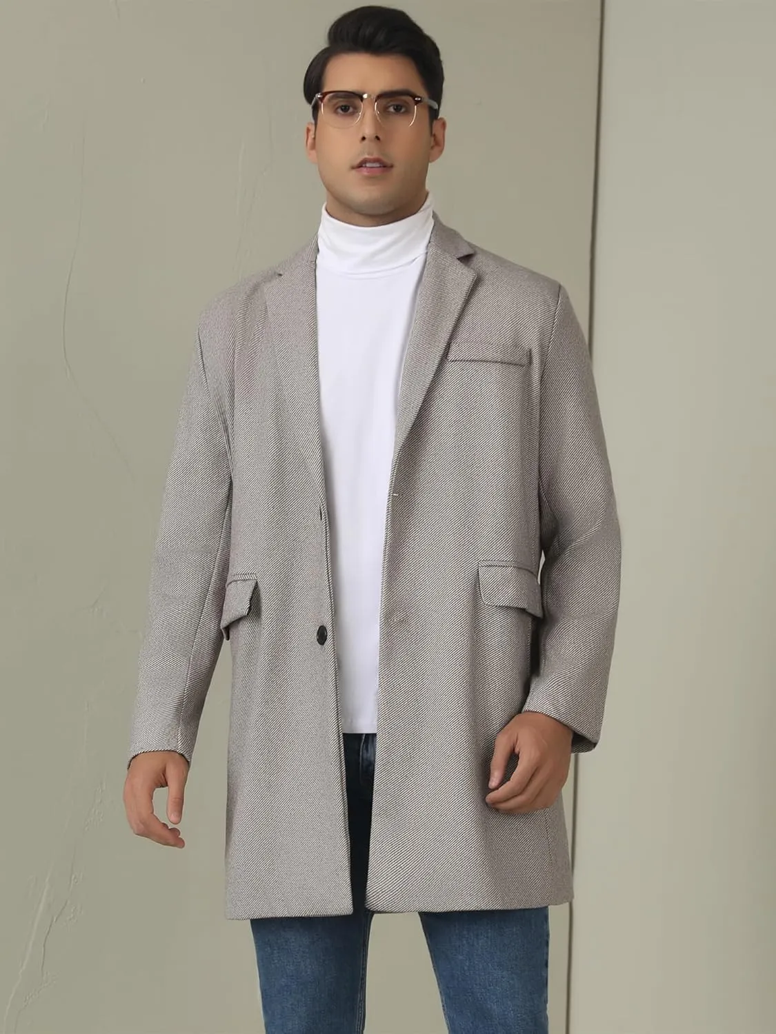 Lars Amadeus Herringbone Overcoats for Men's Classic Fit Single Breasted Winter Trench Coat