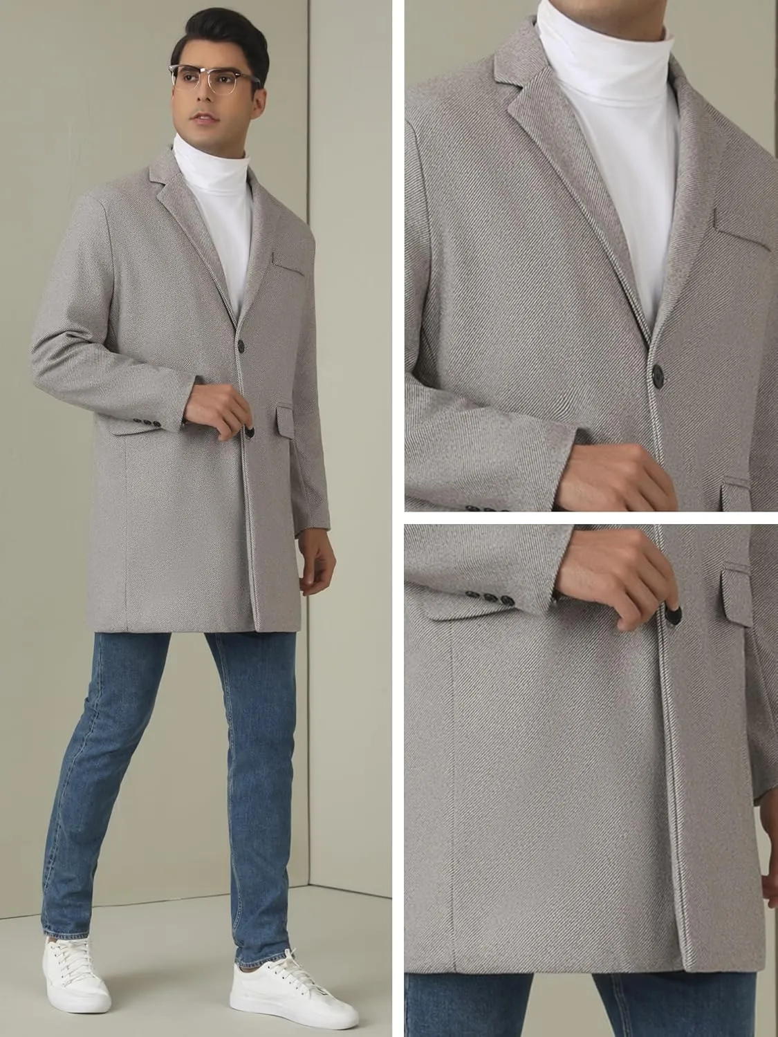 Lars Amadeus Herringbone Overcoats for Men's Classic Fit Single Breasted Winter Trench Coat