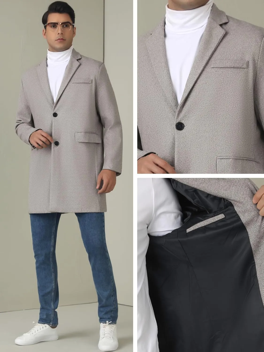 Lars Amadeus Herringbone Overcoats for Men's Classic Fit Single Breasted Winter Trench Coat