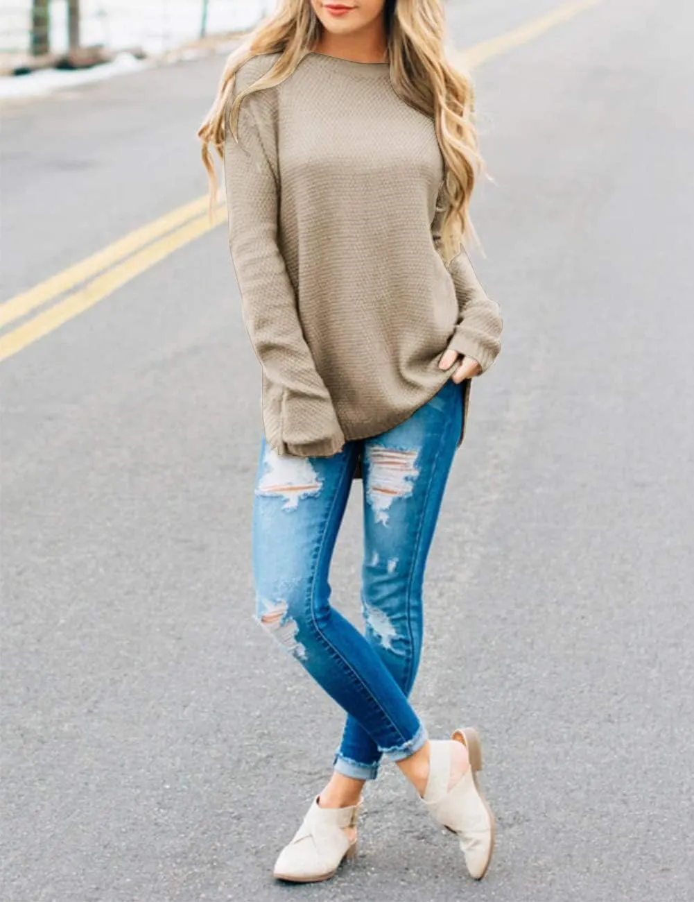 LEANI Women’s 2024 Long Sleeve Crew Neck Pullover Sweater Loose Casual Soft Knit Jumper Tops