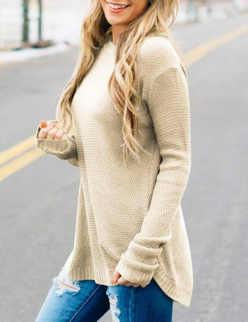 LEANI Women’s 2024 Long Sleeve Crew Neck Pullover Sweater Loose Casual Soft Knit Jumper Tops
