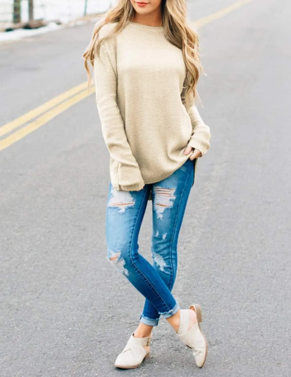 LEANI Women’s 2024 Long Sleeve Crew Neck Pullover Sweater Loose Casual Soft Knit Jumper Tops